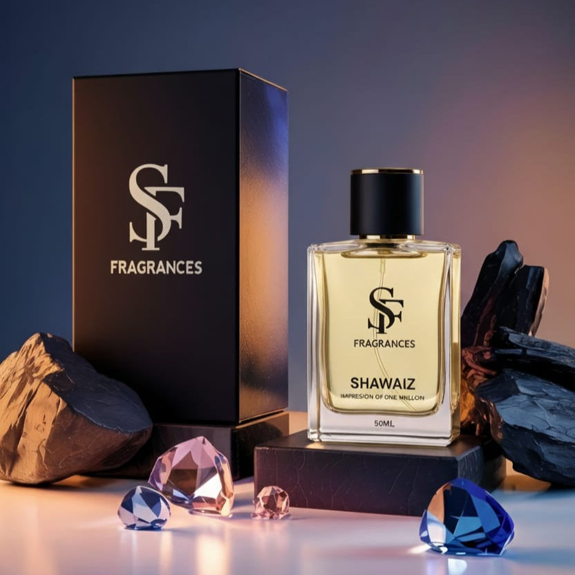 Perfume bottle labeled 'Shawaiz' by SJ Fragrances with a box and gemstones on a reflective surface.
