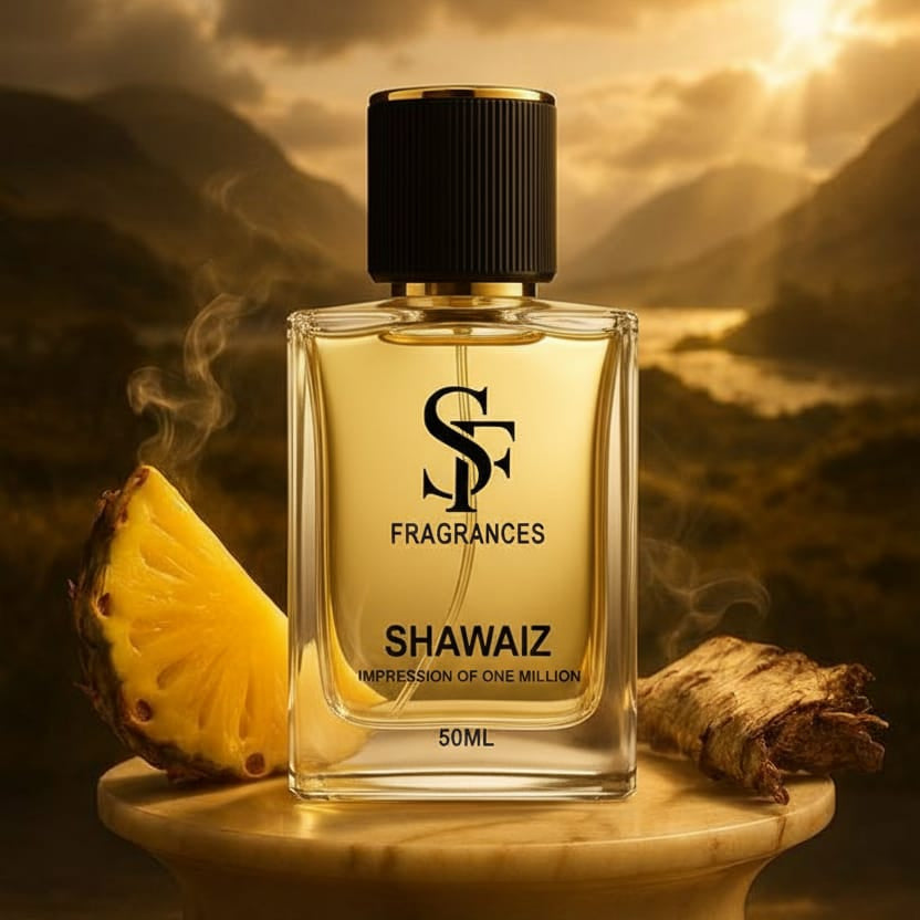 Perfume bottle labeled 'Shawaiz' by 'SF Fragrances' with a pineapple and incense on a wooden stand against a mountainous background.