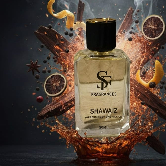 Shawarz perfume bottle with spices and orange slices on a dark background