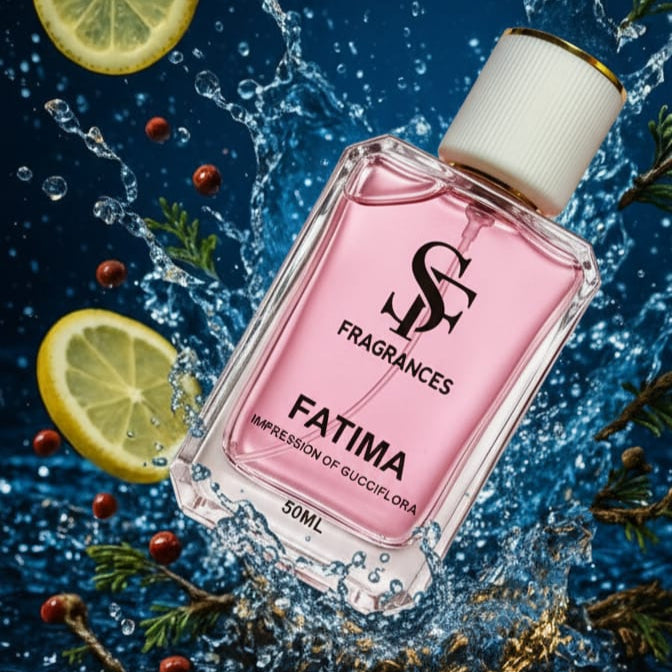 Perfume bottle labeled 'Fatima' with lemon slices and water droplets on a dark background